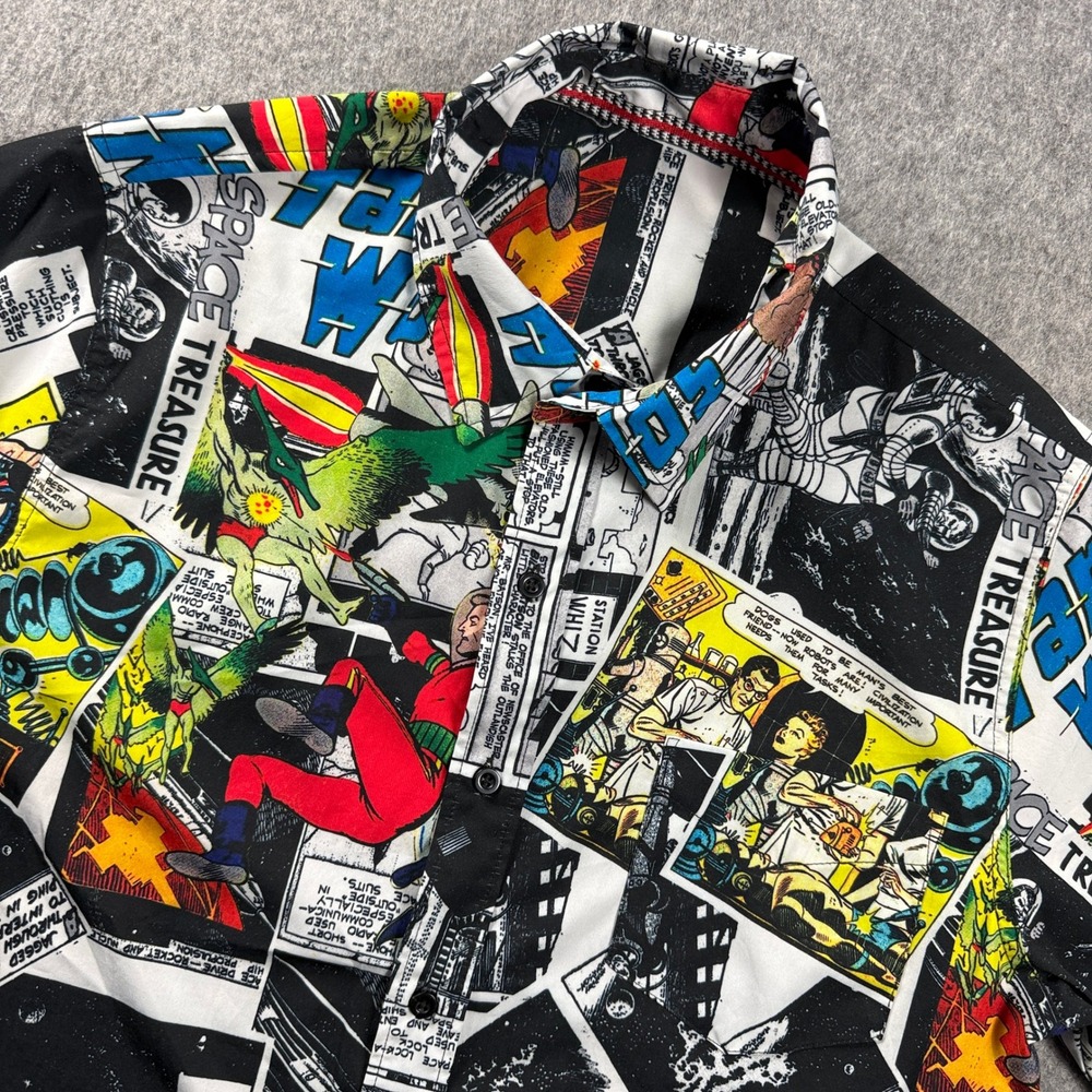 Just Attitude Mens Large Comic Book Print Short Sleeve Button Up Shirt AOP